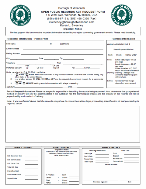 First page of the Open Public Records Act Request Form