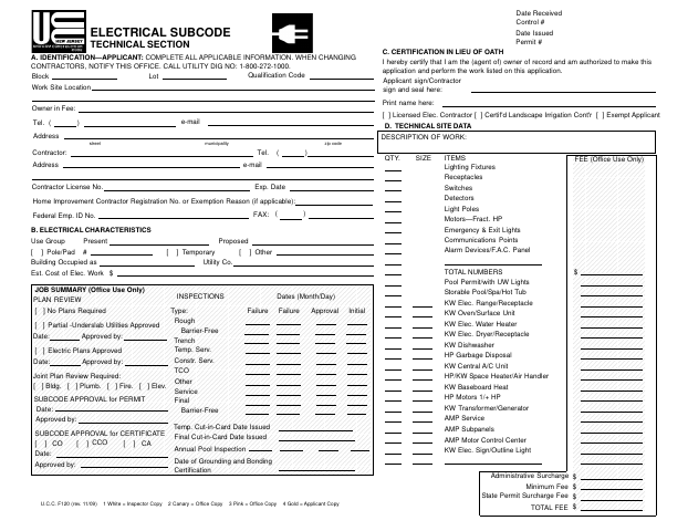 First page of the Subcode Electrical Application