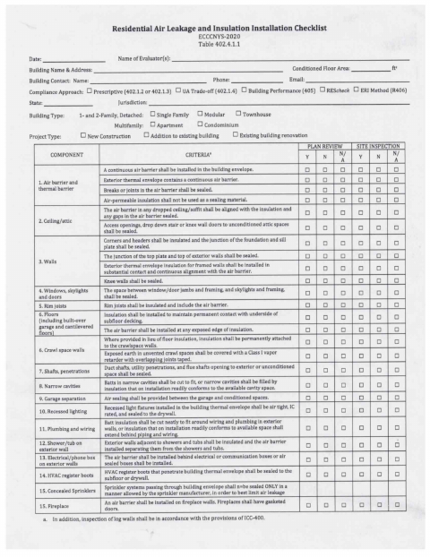 First page of the Residential Air Leakage and Insulation Installation Checklist