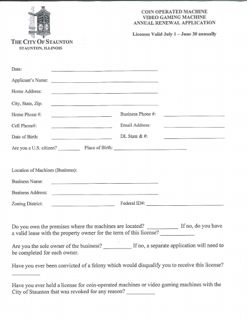 First page of the Coin-Operated and Video Gaming Machine Annual Renewal Application