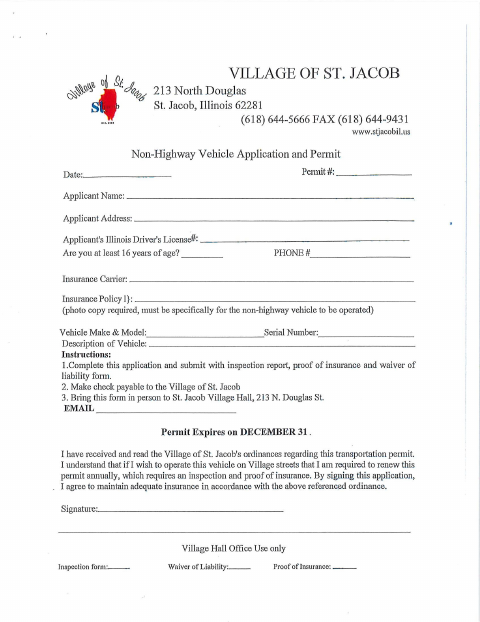 First page of the Non-Highway Vehicle Application and Permit