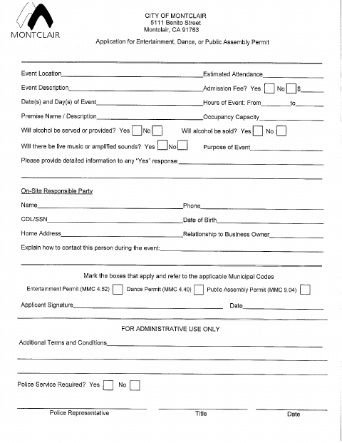 First page of the Application for Entertainment, Dance, or Public Assembly Permit