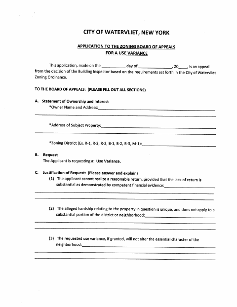 First page of the Zoning Board of Appeals Use Variance Application