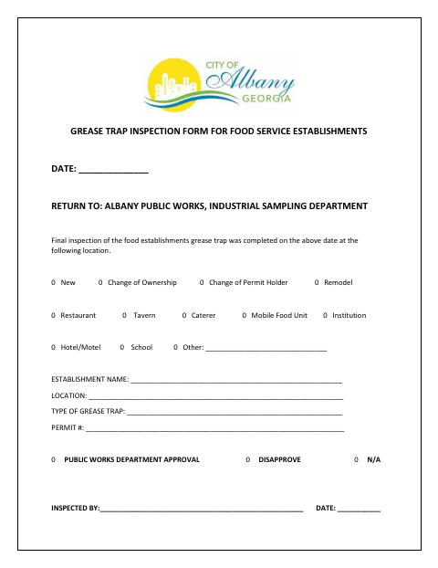 First page of the Grease Trap Inspection Form for Food Service Establishments