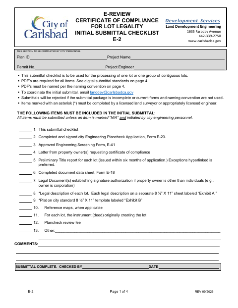 First page of the Certificate of Compliance for Lot Legality Initial Submittal Checklist (E-2)