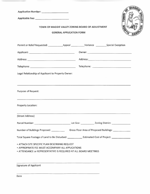 First page of the Zoning Board of Adjustment General Application Form