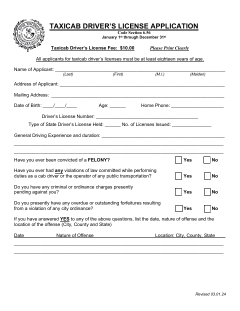 First page of the Taxicab Driver’s License Application