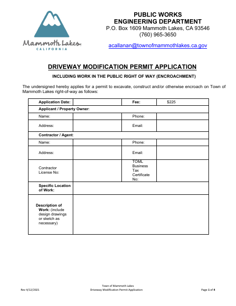 First page of the Driveway Modification Permit Application