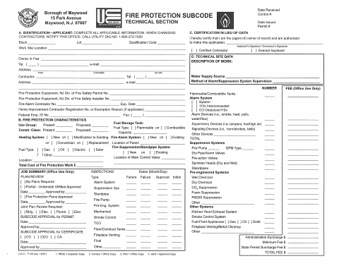 First page of the Fire Protection Subcode Technical Sheet