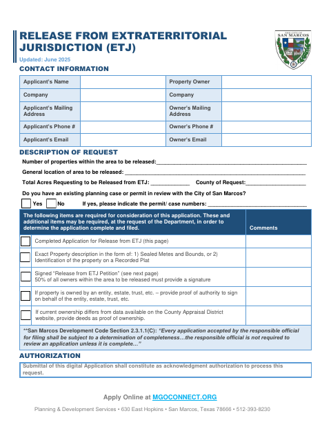 First page of the Release From Extraterritorial Jurisdiction Application