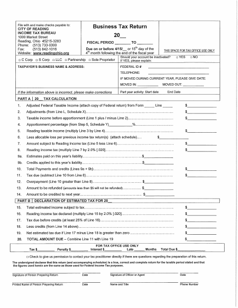 First page of the Business Tax Return