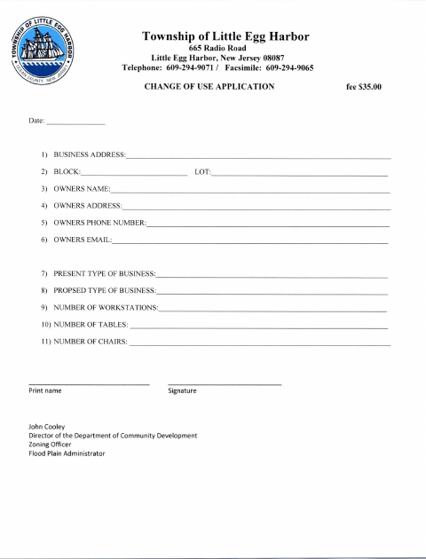 First page of the Change of Use Application