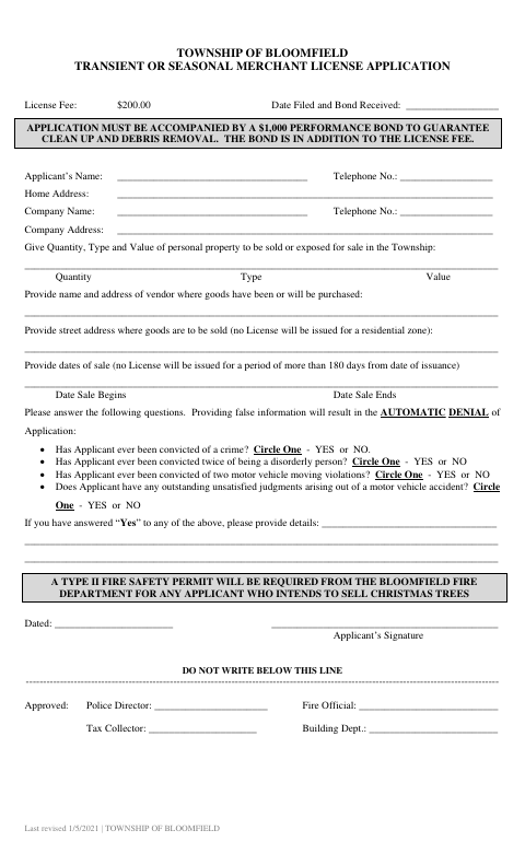 First page of the Transient Or Seasonal Merchant License Application
