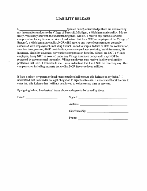 First page of the Volunteer Liability Release