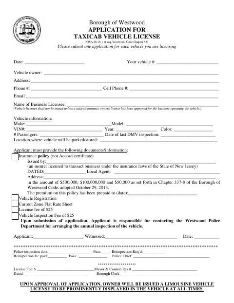 First page of the Application for Taxicab Vehicle License