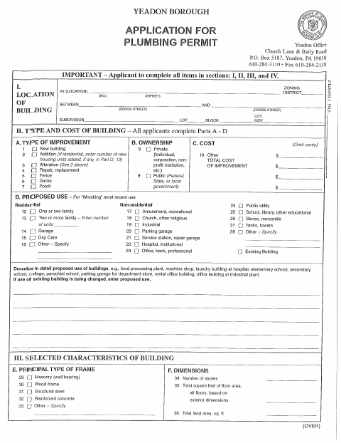 First page of the Plumbing Permit Application