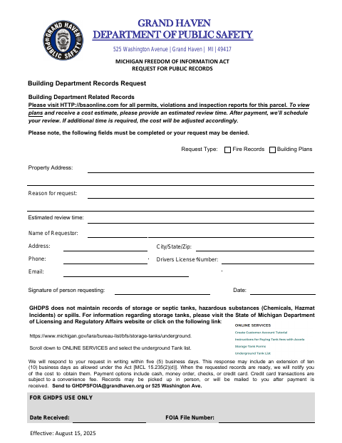 First page of the Building Department Records Request