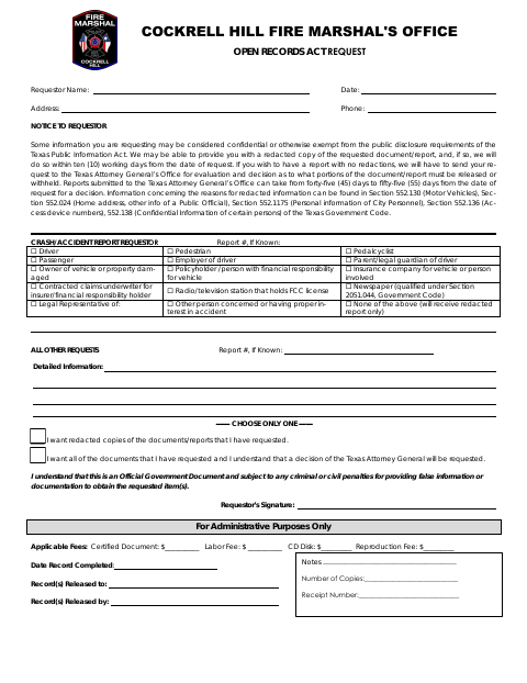 First page of the Open Records Act Request
