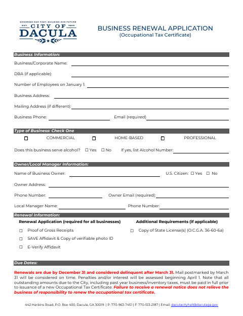 First page of the Business License Renewal Application