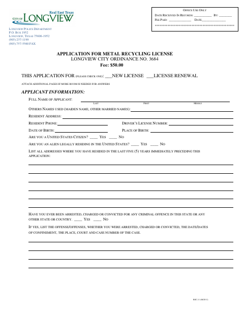 First page of the Application for Metal Recycling License