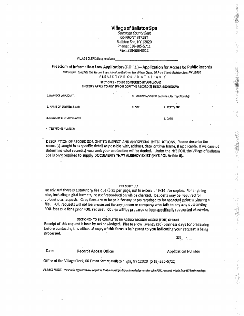 First page of the Freedom of Information Law (FOIL) Request Form