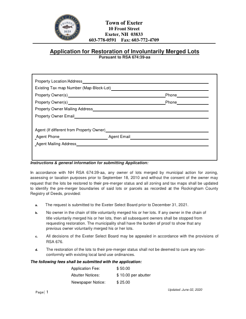 First page of the Application for Restoration of Involuntarily Merged Lots