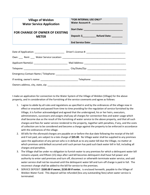 First page of the Water Service Application for Change of Owner of Existing Meter