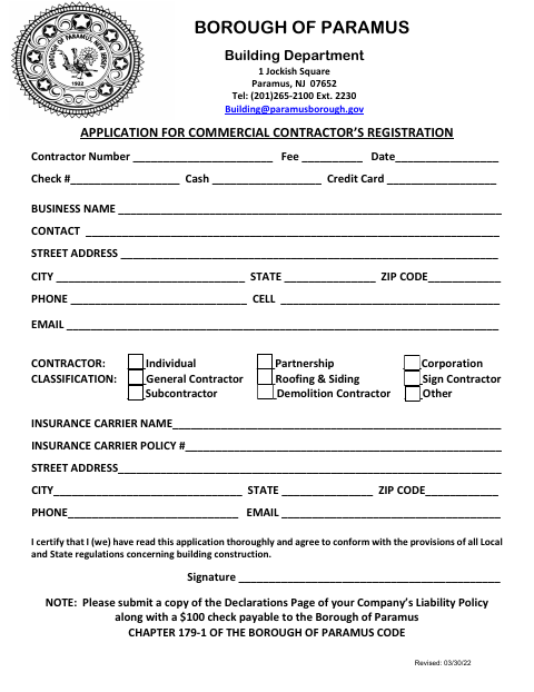 First page of the Application for Commercial Contractor’s Registration