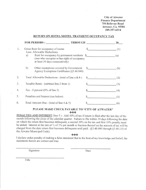 First page of the Transient Occupancy Tax Return