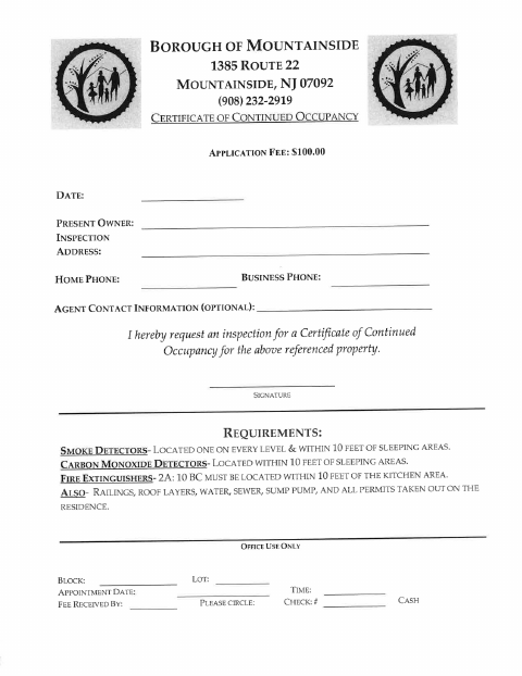 First page of the Certificate Of Continued Occupancy Application