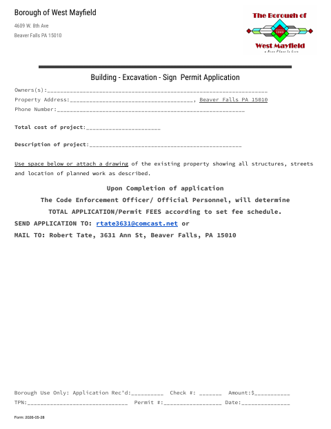 First page of the Building, Excavation, and Sign Permit Application