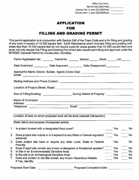 First page of the Filing and Grading Permit Application
