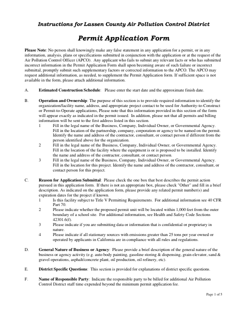 First page of the Air Pollution Control District Permit Application
