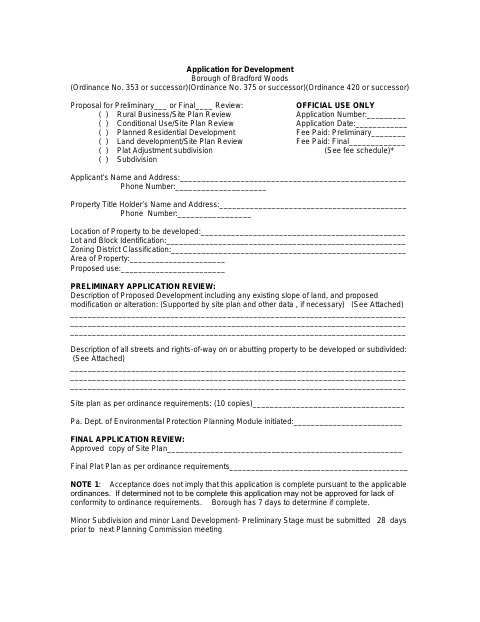 First page of the Application for Development