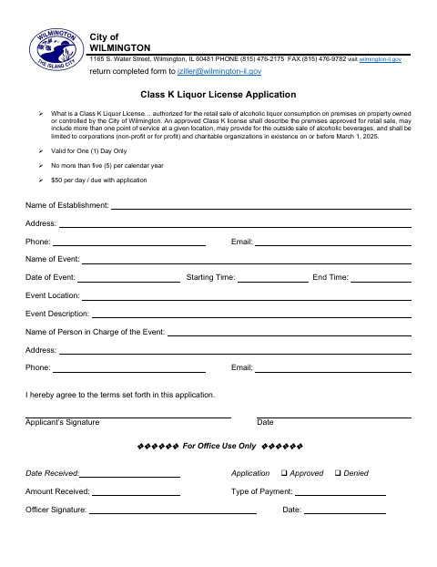 First page of the Class K Liquor License Application