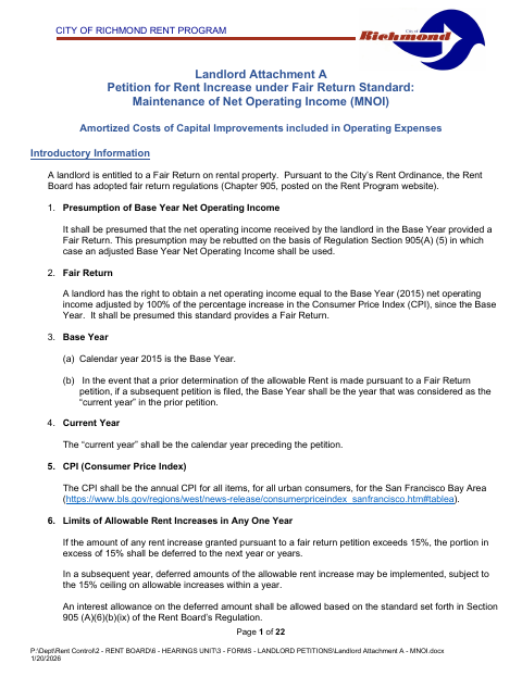 First page of the Landlord Attachment A: Petition for Rent Increase Under Fair Return Standard—Maintenance of Net Operating Income (MNOI)