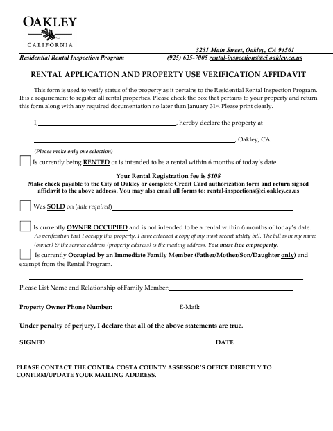 First page of the Rental Application And Property Use Verification Affidavit
