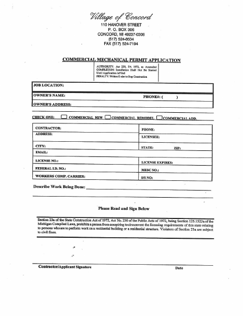First page of the Commercial Mechanical Permit Application