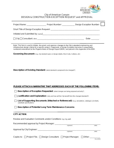 First page of the Design and Construction Exception Request