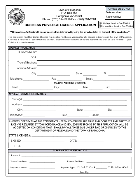 First page of the Business Privilege License Application