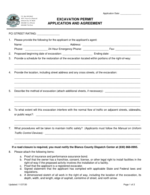First page of the Excavation Permit Application and Agreement