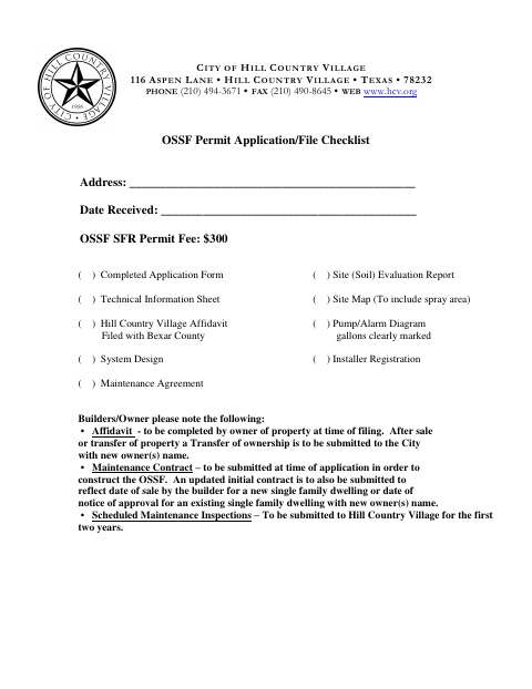 First page of the OSSF Permit Application and File Checklist