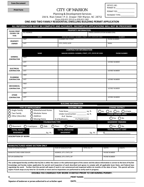 First page of the One and Two Family Residential Dwelling Building Permit Application