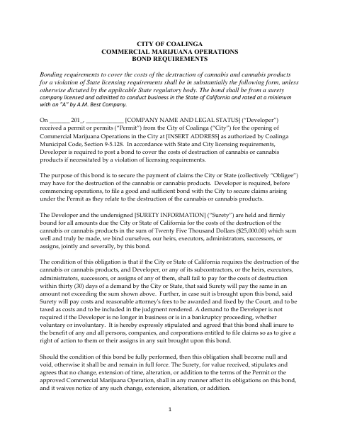 First page of the Cannabis Licensing Bond