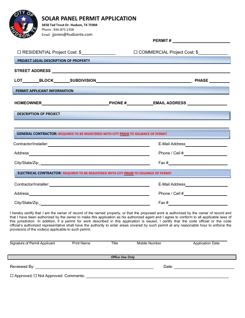 First page of the Solar Panel Permit Application