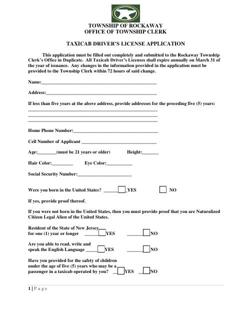 First page of the Taxicab Driver’s License Application