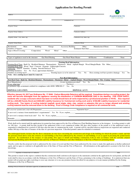 First page of the Application for Roofing Permit