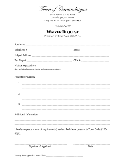 First page of the Waiver Request Pursuant to Town Code §220-65(L)