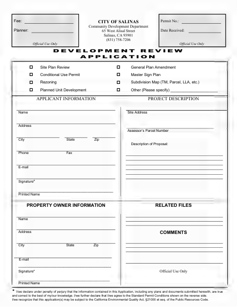 First page of the Development Review Application and Checklists