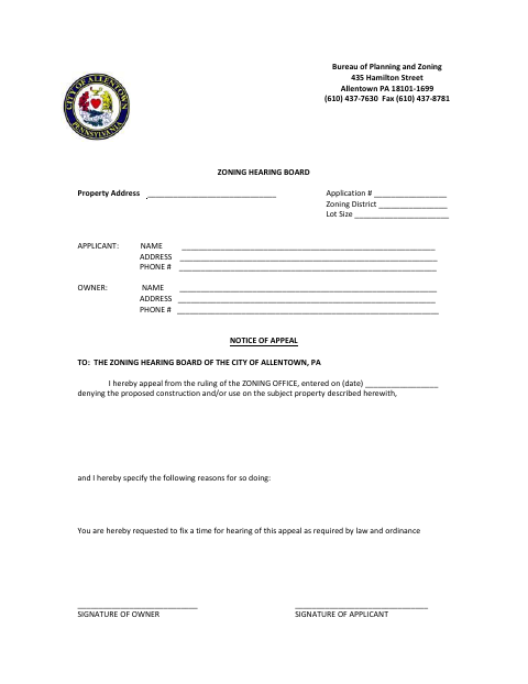 First page of the Zoning Hearing Board Appeal Form